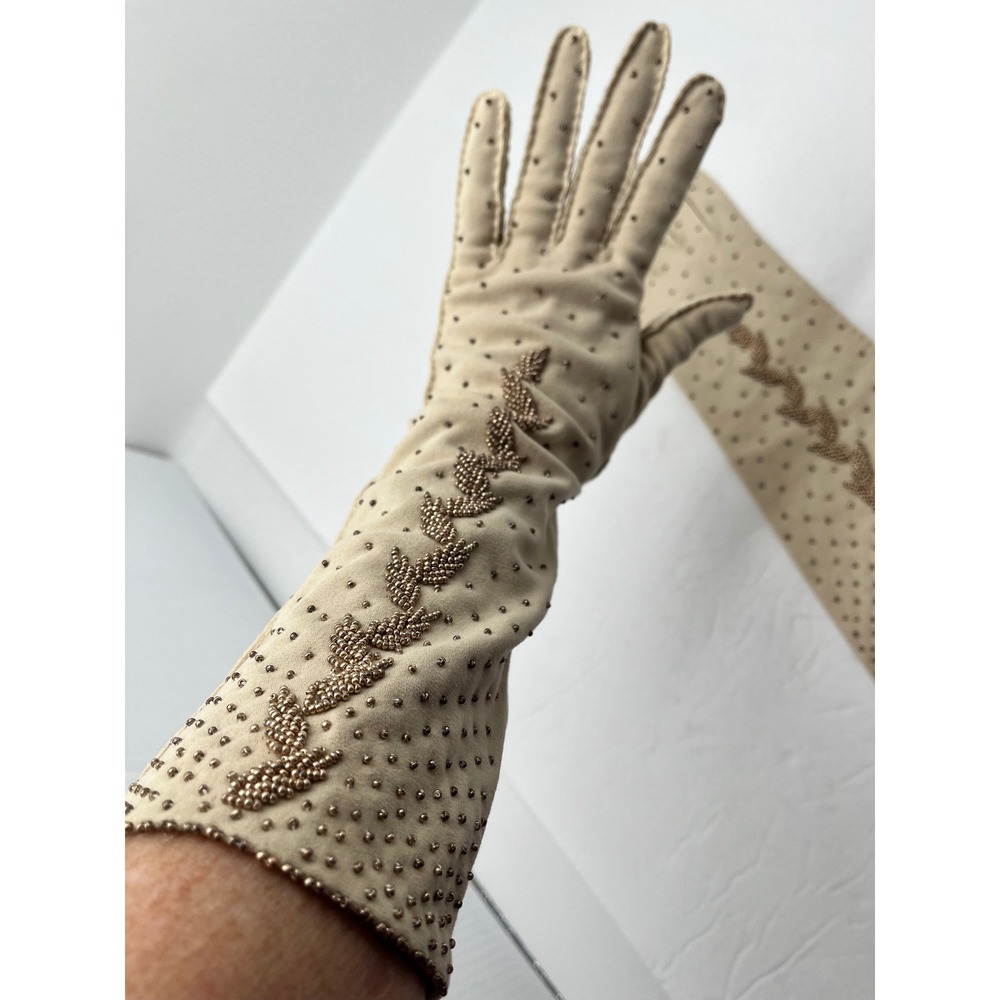 Vintage  Cotton Simplex Hand Beaded Opera Length Tan Evening Gloves Size 7 15in